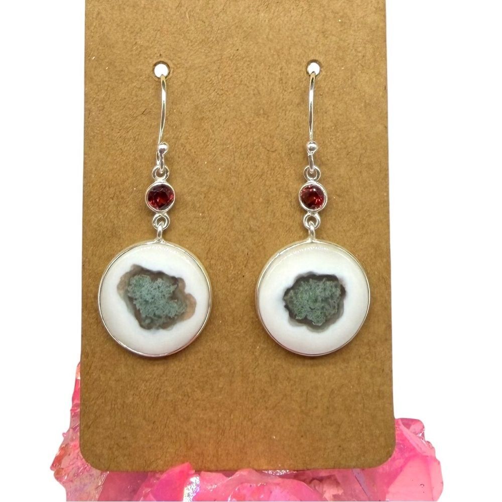 Moss Agate & Garnet Earrings Solid 925 Sterling Silver Dangle Drop Pierced